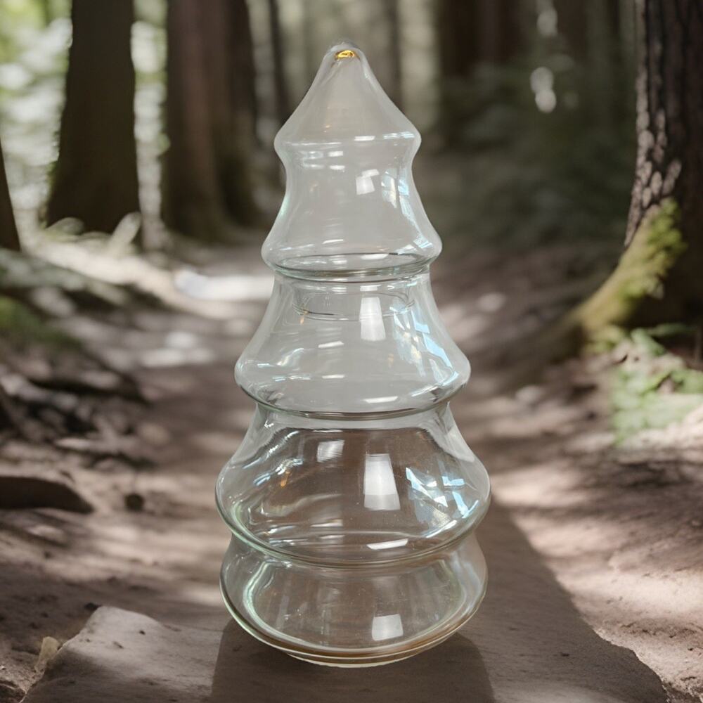 Clear Glass Christmas Tree Shaped Jar Candy/Nut Dish w/Removable Glass Lid Decor